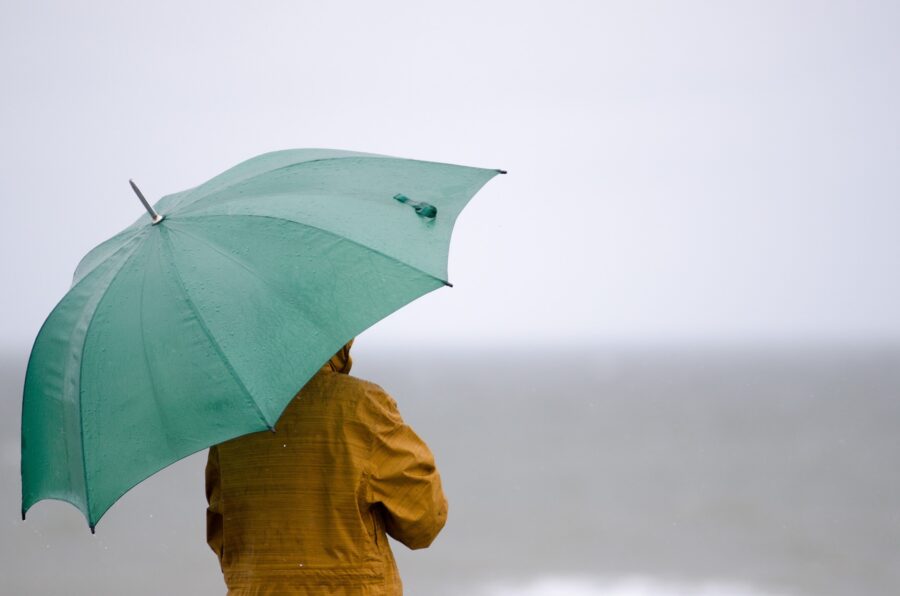 Person with umbrella staring at the sea